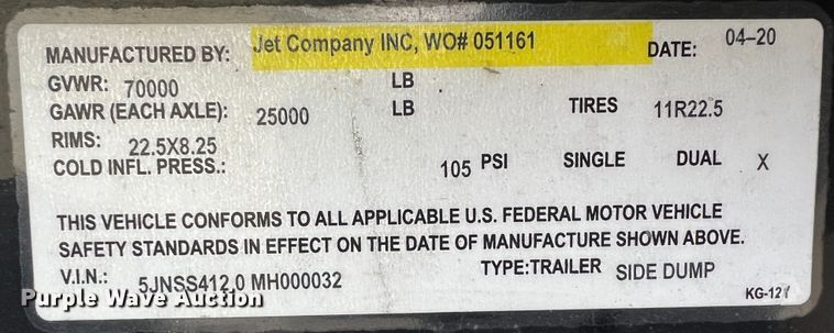 image for item ID9351 2021 Jet  side dump trailer