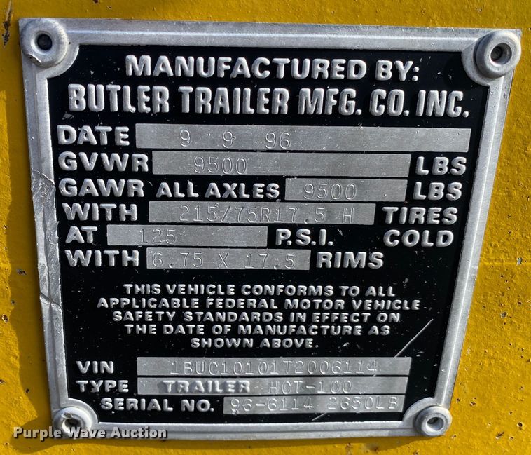 image for item JW9314 1996 Butler HCT-100  reel trailer