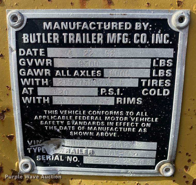 image for item JW9315 1998 Butler HCT-100  reel trailer
