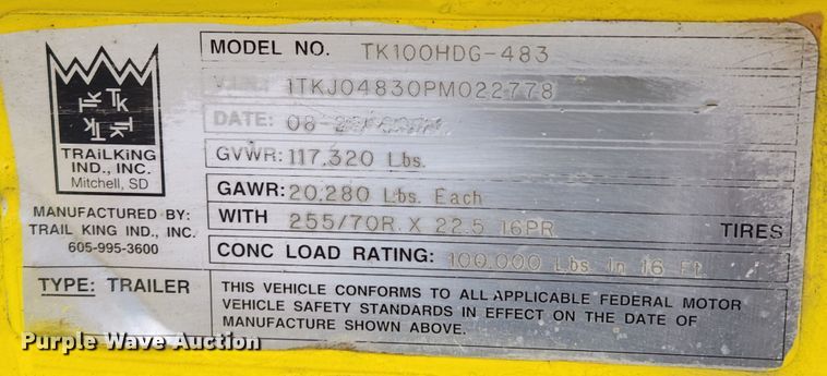 image for item KT9525 1993 Trail King TK100HDG-483  lowboy equipment trailer