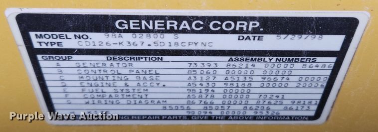image for item KT9531 1998 Generac 98A02800-S  generator
