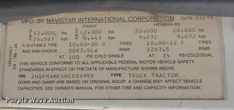 image for item MM9939 1994 International 9200  dump truck