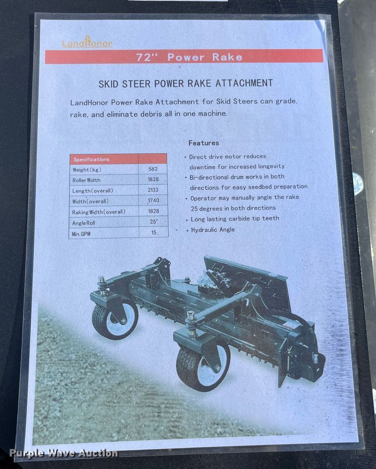 image for item MW9446 LandHonor  skid steer power rake