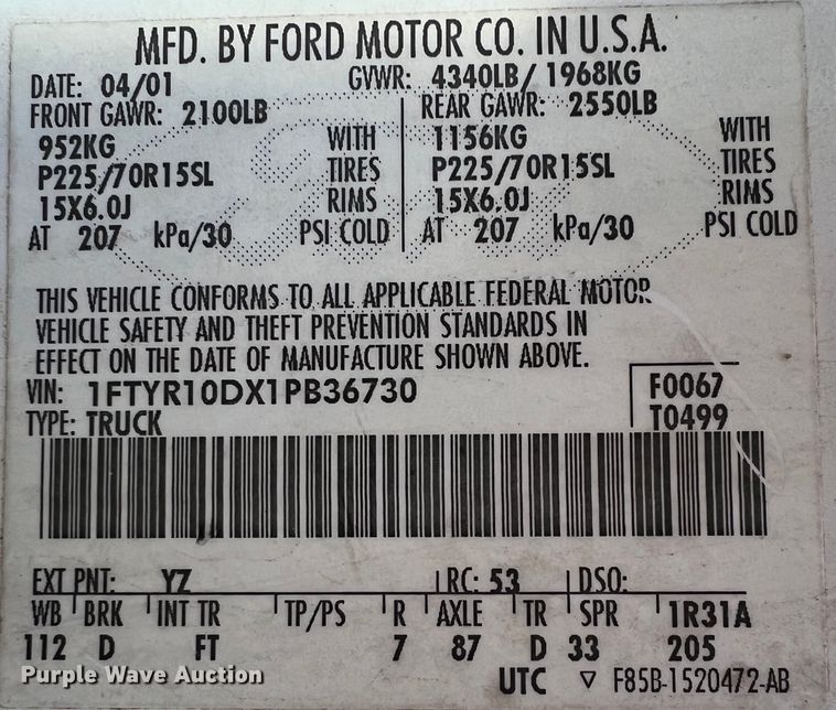 image for item ID9323 2001 Ford Ranger  pickup truck