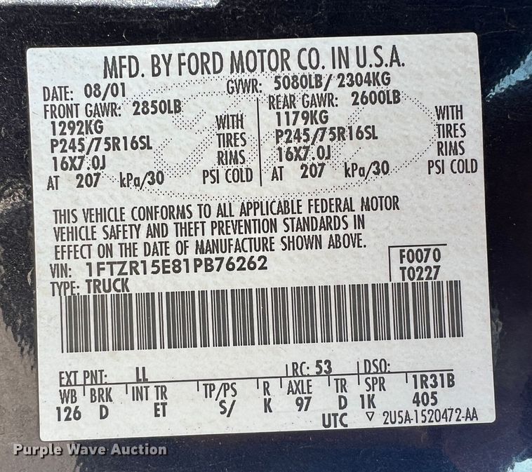 image for item ID9334 2001 Ford Ranger XLT  SuperCab pickup truck