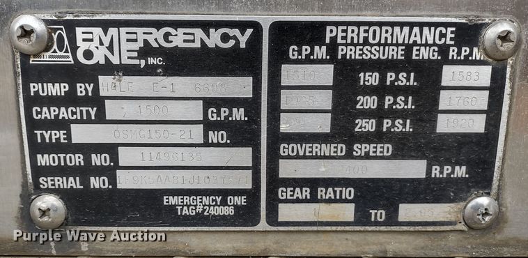 image for item JK9129 1988 Emergency One Protector  pumper fire truck