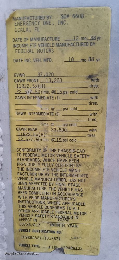 image for item JK9129 1988 Emergency One Protector  pumper fire truck