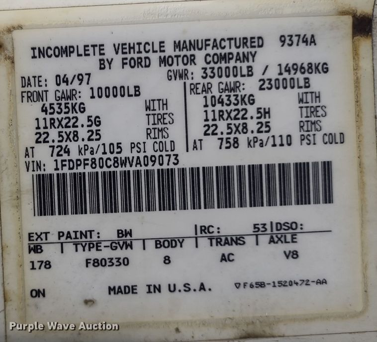 image for item JK9131 1998 Ford F800  refuse truck