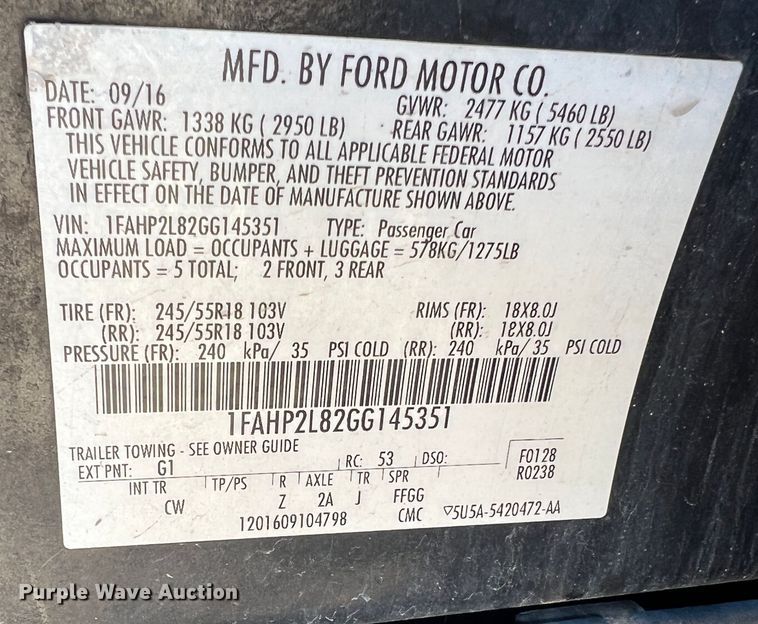 image for item JU9783 2016 Ford Taurus Police Interceptor