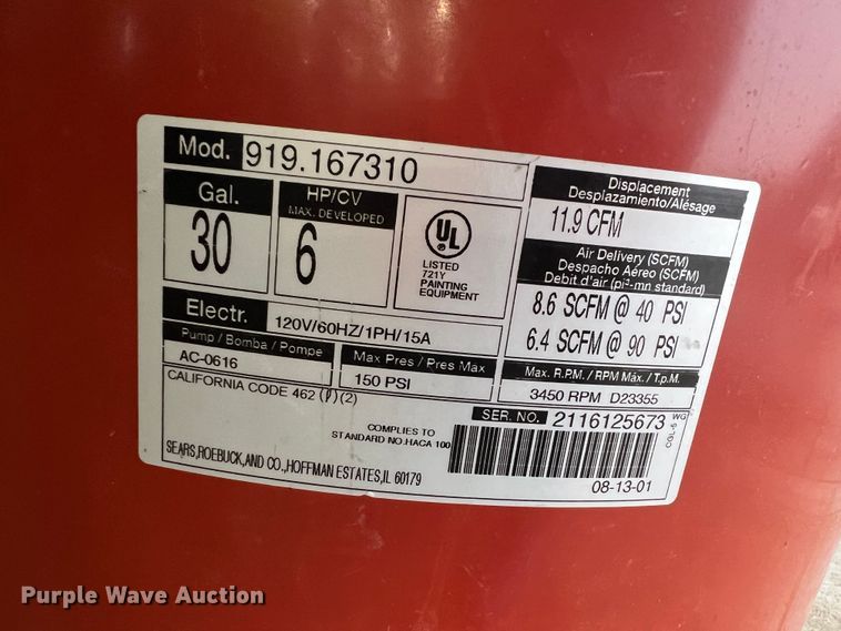 image for item KF9836 Craftsman 919.167310  air compressor