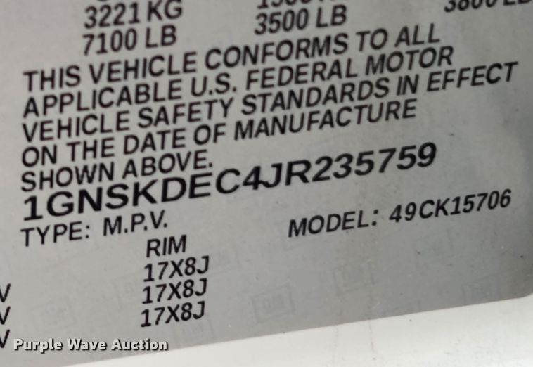 image for item KT9511 2018 Chevrolet Tahoe Police  SUV