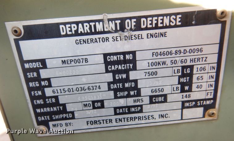 image for item MP9033 1992 Forster Enterprises MEP007B  generator