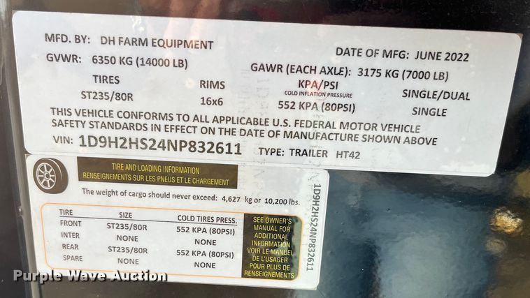 image for item MW9448 2022 DH Farm HT42  hay bale trailer