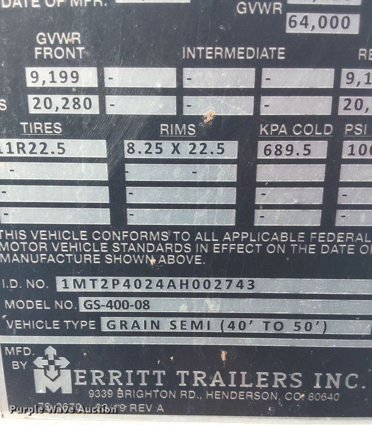 image for item LG9451 1980 Merritt GS-400-08  grain trailer