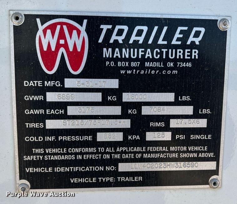 image for item DS2652 2017 W-W Trailers  enclosed cargo trailer