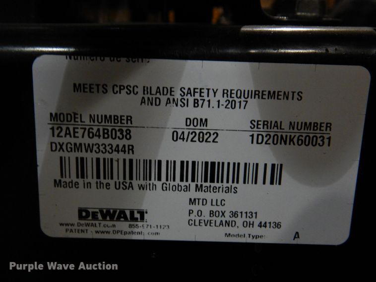image for item IO9255 2022 DeWalt DW33  lawn mower
