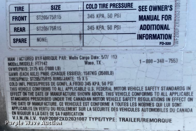 image for item JW9229 2013 Wells Cargo  enclosed cargo trailer