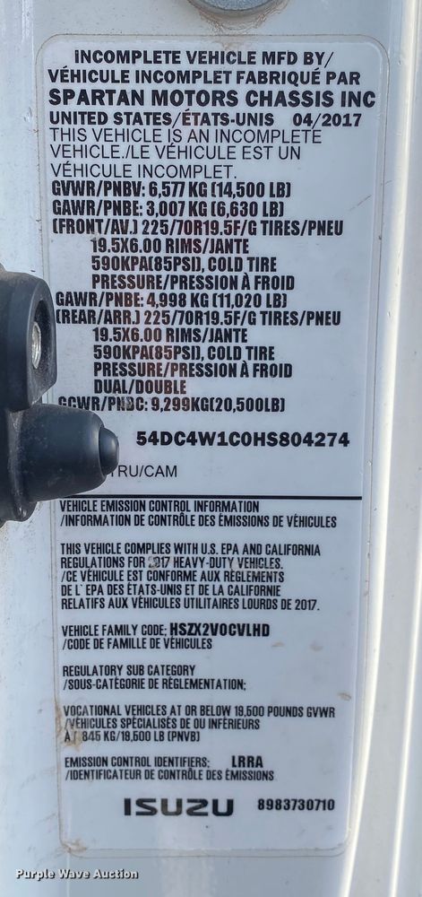 image for item JW9239 2017 Isuzu NPR HD  refrigerated delivery truck