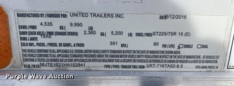 image for item JW9240 2017 United Trailers UXT-716TA52-8.5  enclosed cargo trailer