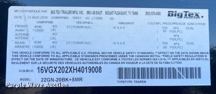 image for item JW9283 2017 Big Tex 22GN-20BK+5MR  equipment trailer