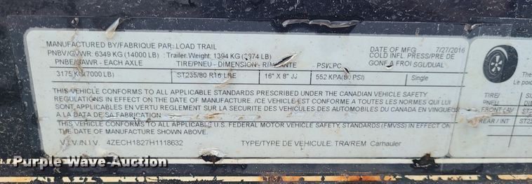 image for item JW9854 2017 Load Trail  equipment trailer