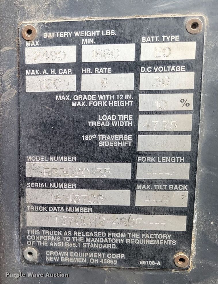image for item LG9453 Crown RR3020-35  forklift