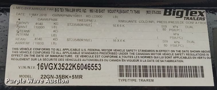 image for item LK9287 2019 Big Tex 22GN-35BK-5MR  equipment trailer