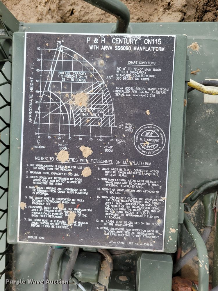 image for item LY9926 1992 P&H Century CN115  crane attachments