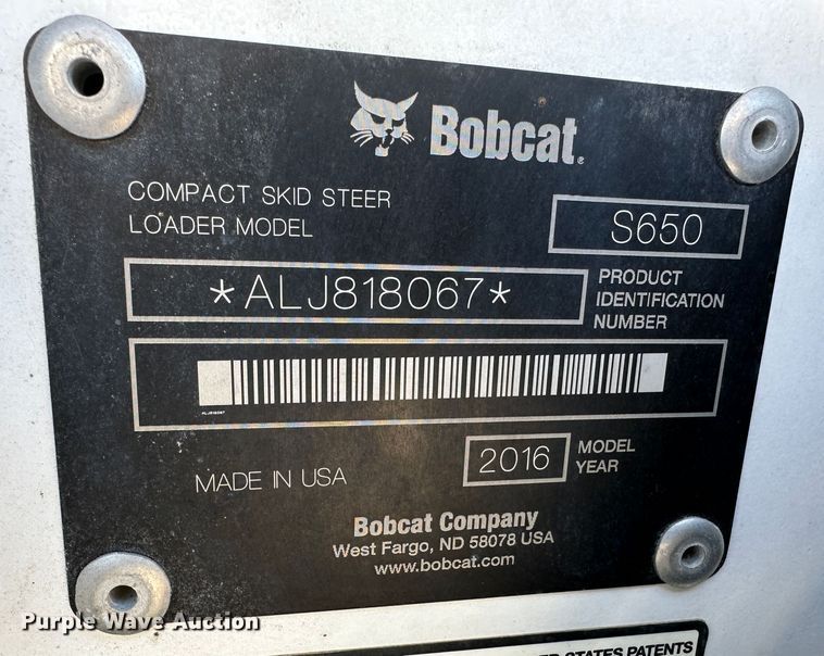 image for item JD9621 2016 Bobcat S650  skid steer loader