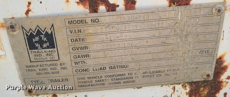 image for item JW9842 2000 Trail King TK20-2400  equipment trailer