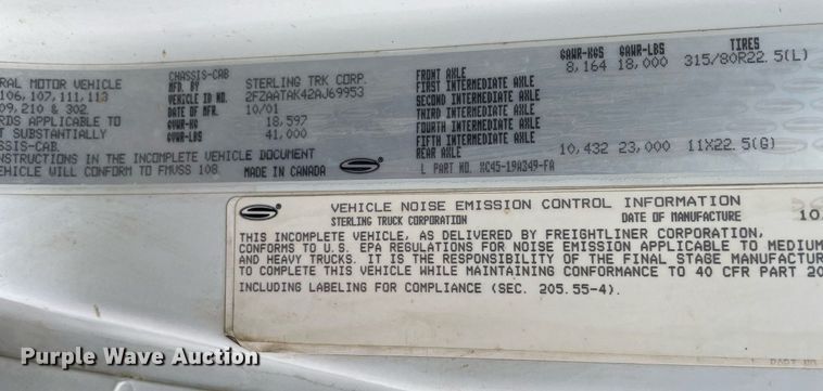 image for item MA9801 2002 Sterling L7500  sewer jetter truck