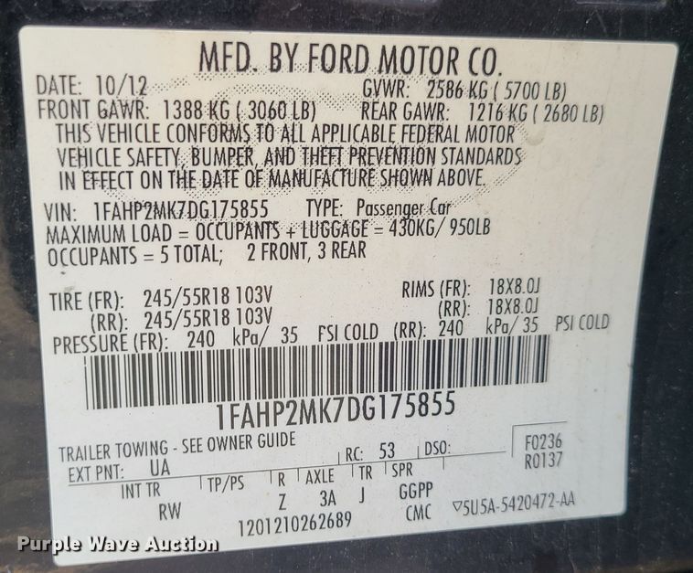 image for item JG9552 2013 Ford Taurus Police Interceptor