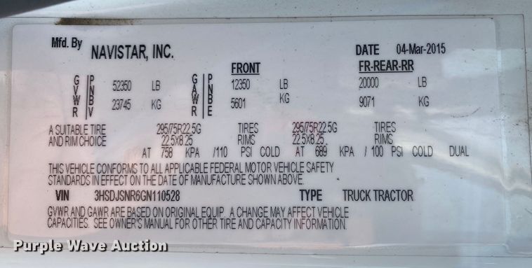 image for item JW9224 2016 International ProStar Plus  semi truck