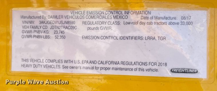 image for item LP9169 2018 Freightliner Cascadia 125  semi truck