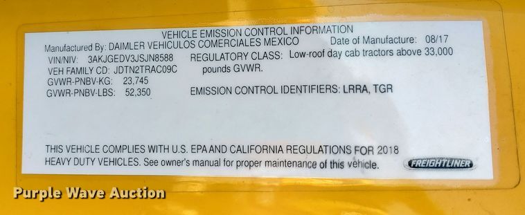 image for item LP9170 2018 Freightliner Cascadia 125  semi truck