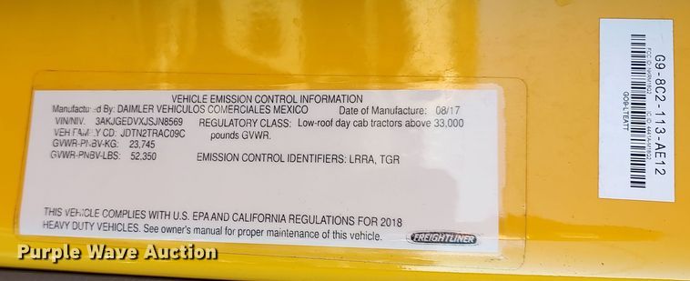 image for item LP9172 2018 Freightliner Cascadia 125  semi truck