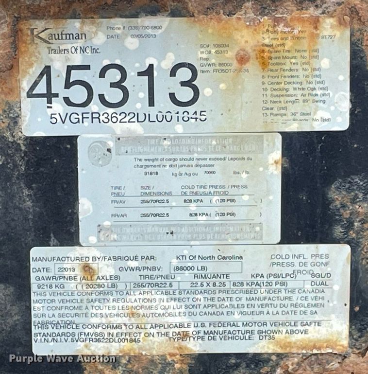 image for item MA9820 2013 Kaufman  lowboy equipment trailer