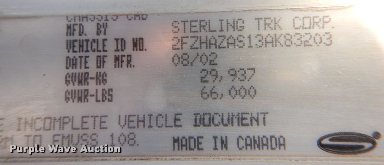 image for item MJ9973 2003 Sterling LT9500  truck cab and chassis