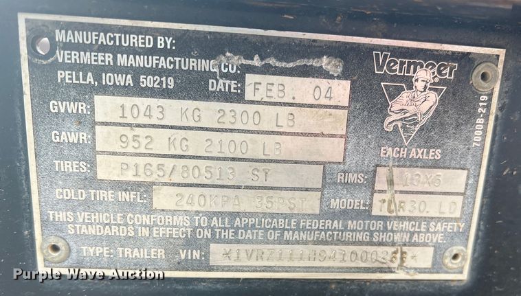 image for item DK7213 2004 Vermeer TLR30  tilt deck utility trailer