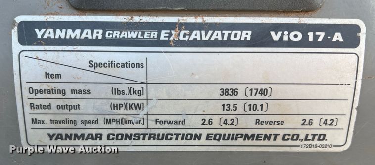 image for item DK7239 2015 Yanmar VI017A  mini excavator