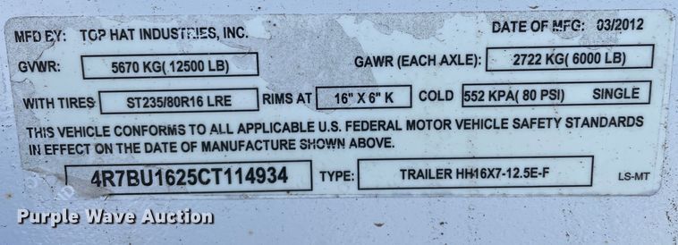 image for item DN4533 2012 Top Hat HH16X7-12.5E-F  utility trailer