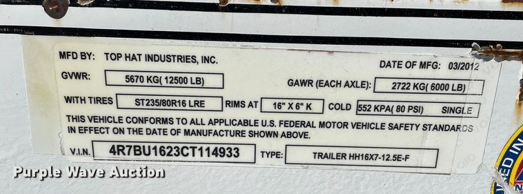 image for item DN4543 2012 Top Hat  utility trailer