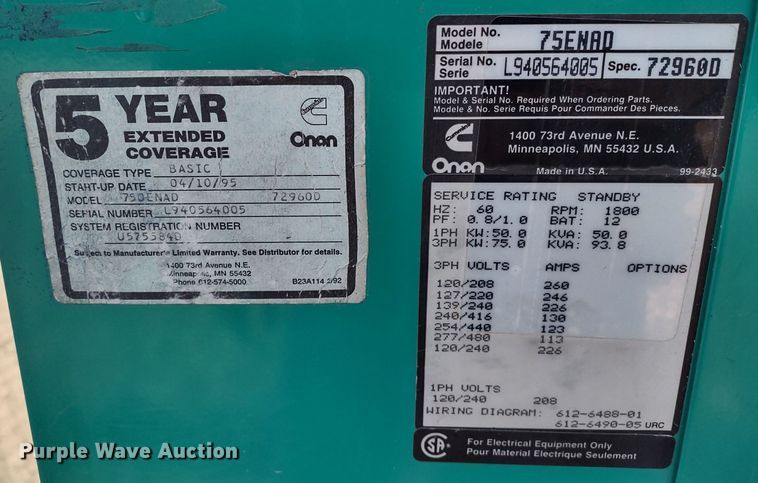 image for item DR8137 Onan 75ENAD  generator