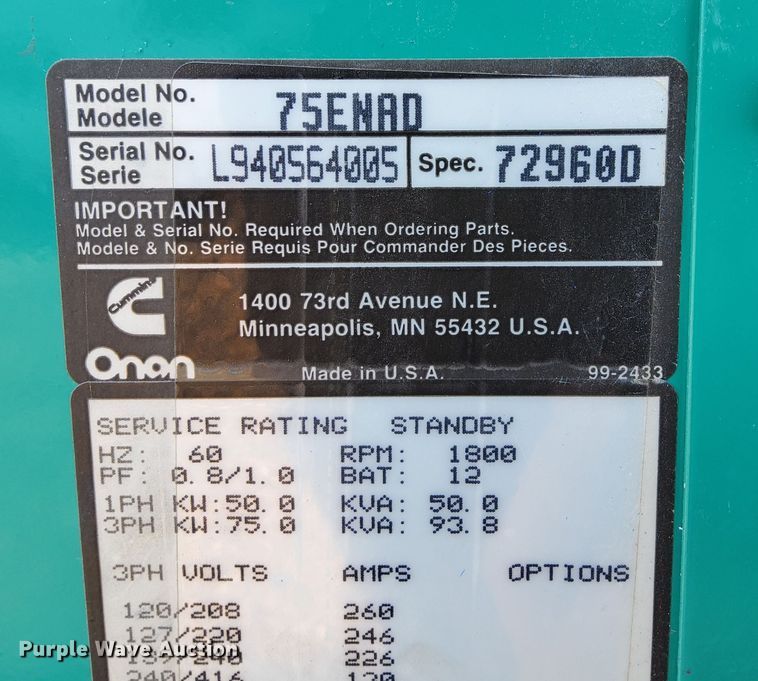 image for item DR8137 Onan 75ENAD  generator