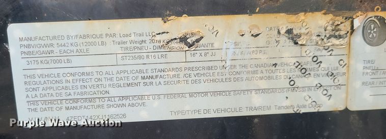 image for item JW9756 2018 Load Trail  dump trailer