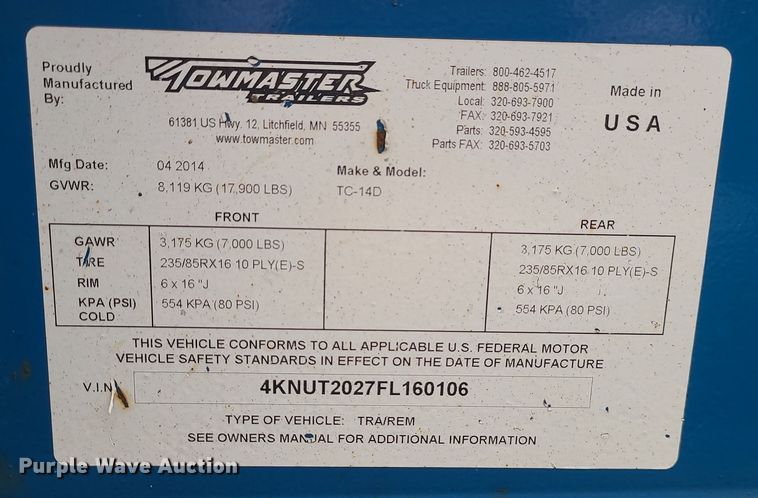 image for item JW9757 2015 Towmaster  equipment trailer