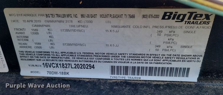 image for item LG9476 2020 Big Tex 70DM-18BK  utility trailer