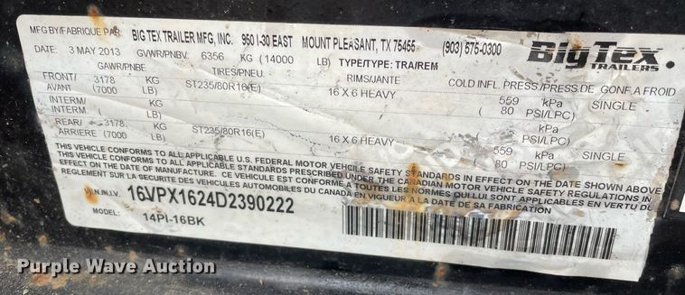 image for item MA9829 2013 Big Tex 14PI-16BK  utility trailer