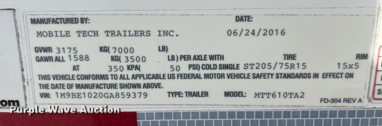 image for item MW9457 2016 Mobile Tech MTT610TA2  fiber optic splicing trailer