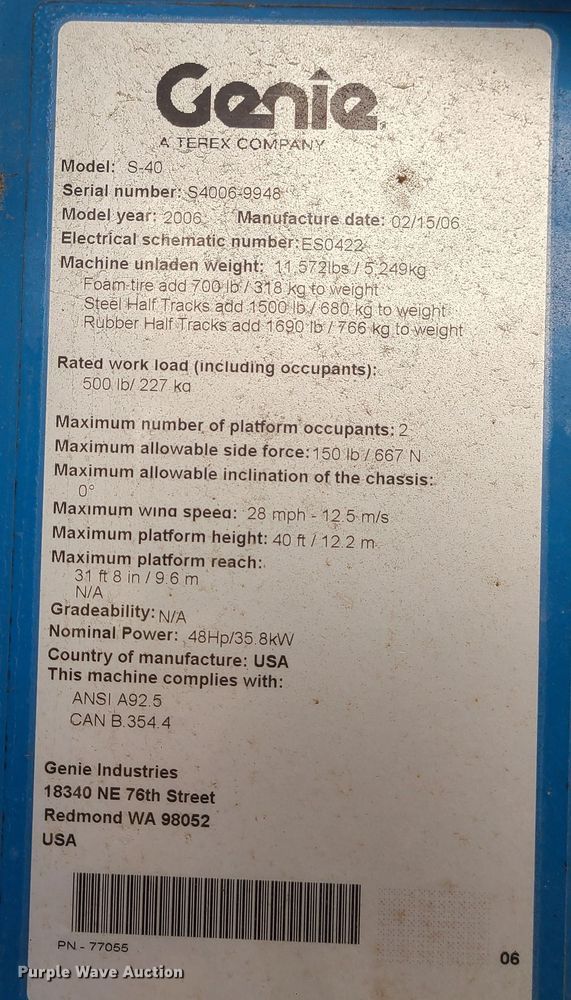 image for item JW9794 2006 Genie S40  boom lift